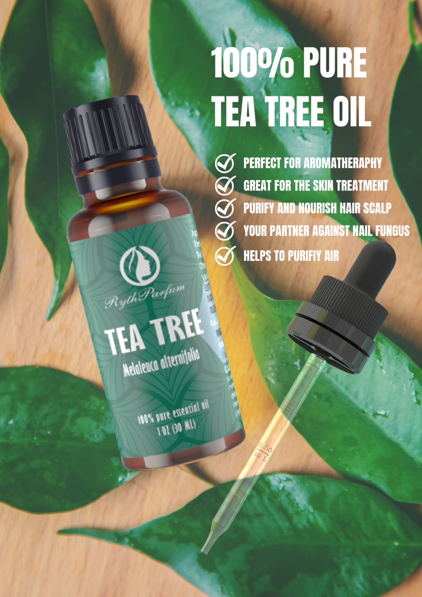 RythParfum Tea Tree Oil with Dropper with Scale (1 OZ)| 100% Pure and Natural Oil for Diffuser,Humidifier,Cold and Aroma|Tea Tree Essential Oil for Face,Hair, Skin,Scalp,Foot,Toenails and Massage